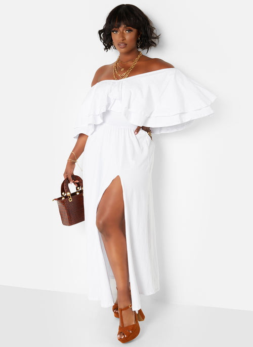Rock The Boat Ruffle Over The Shoulder Side Slit Skater Maxi Dress