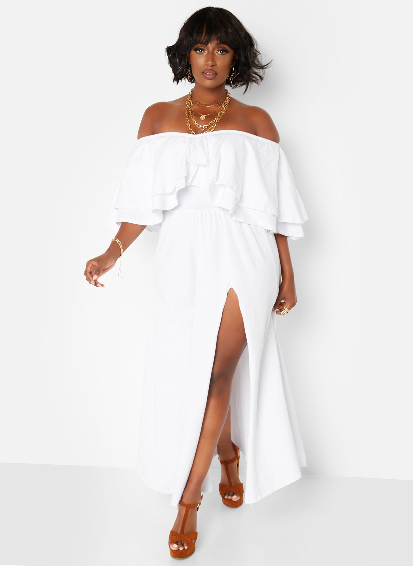 Rock The Boat Ruffle Over The Shoulder Side Slit Skater Maxi Dress
