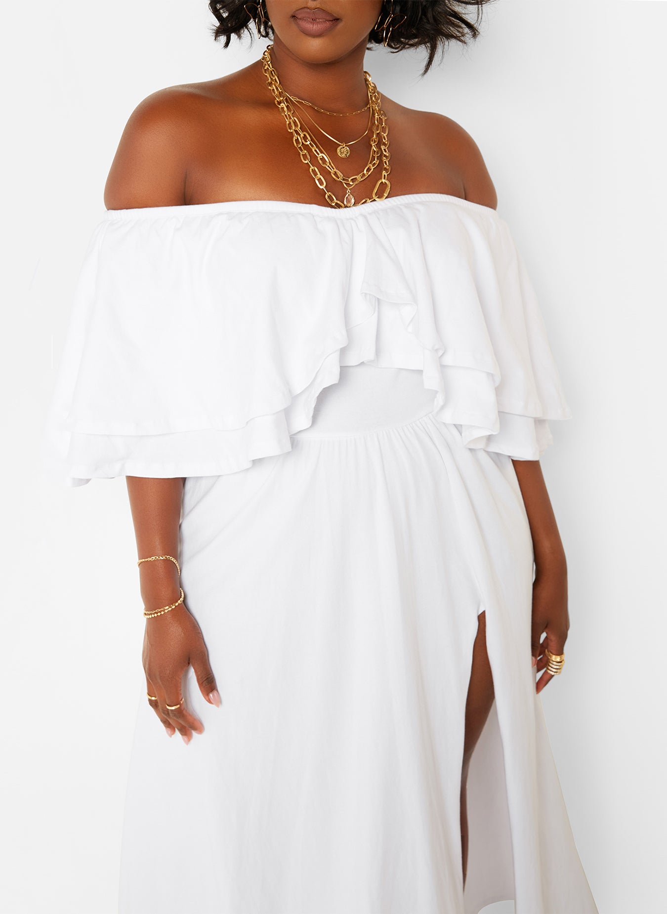 Rock The Boat Ruffle Over The Shoulder Side Slit Skater Maxi Dress