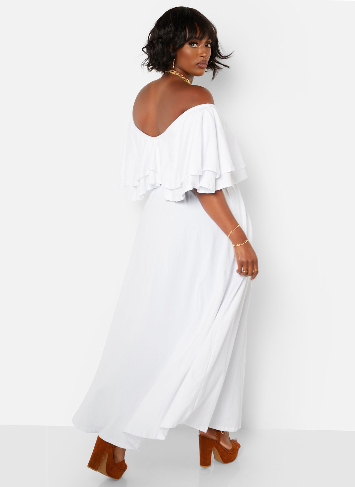Rock The Boat Ruffle Over The Shoulder Side Slit Skater Maxi Dress