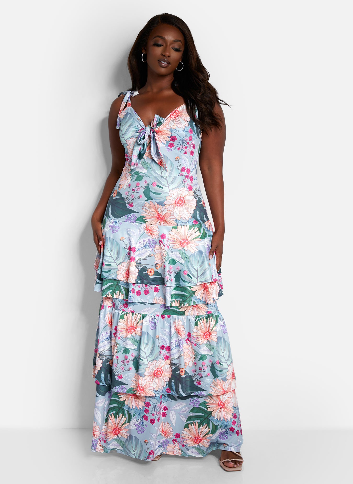 Romance Floral Print Ruffle Maxi A Line Dress