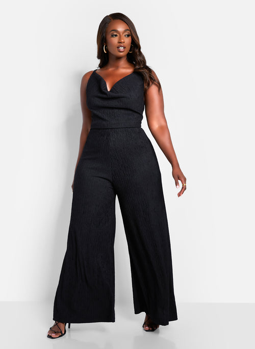 Sadie Textured Cowl Neck Wide Leg Jumpsuit