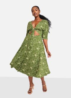 Sage Floral Cut Out Midi A Line Dress W. Pockets