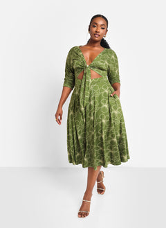 Sage Floral Cut Out Midi A Line Dress W. Pockets