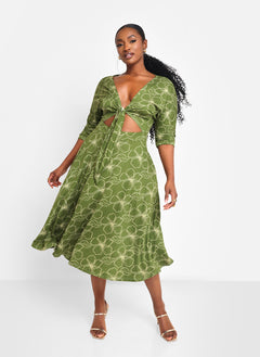 Sage Floral Cut Out Midi A Line Dress W. Pockets