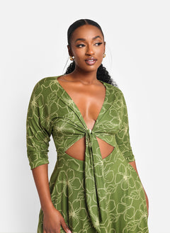 Sage Floral Cut Out Midi A Line Dress W. Pockets