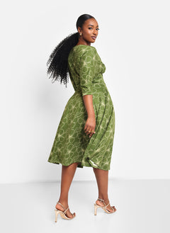 Sage Floral Cut Out Midi A Line Dress W. Pockets