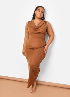 Samira Sheer Glitter Mesh Cowl Neck Maxi Bodycon Dress - Mocha