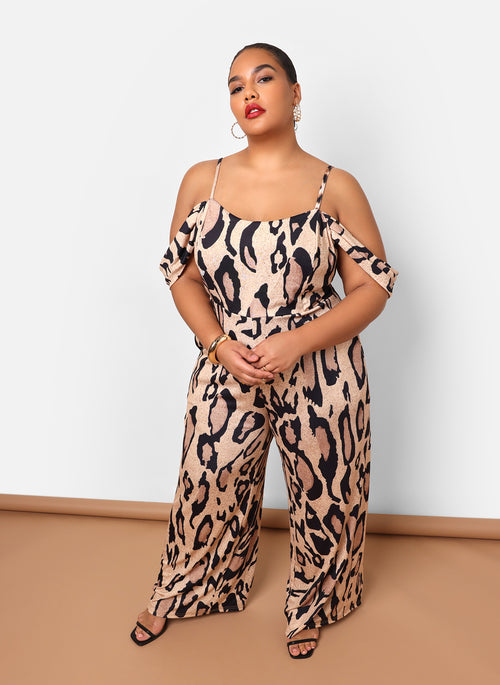 Sarriyah Leopard Drop Sleeve Bell Bottom Jumpsuit