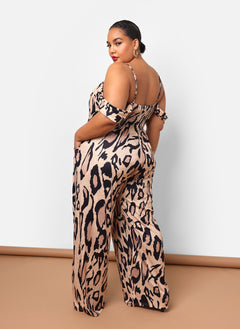 Sarriyah Leopard Drop Sleeve Bell Bottom Jumpsuit