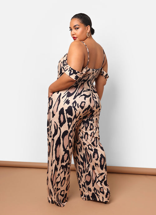 Sarriyah Leopard Drop Sleeve Bell Bottom Jumpsuit