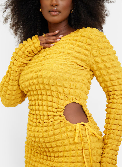 Scorpio Popcorn Smocking Cut Out Mini Bodycon Dress - Mustard