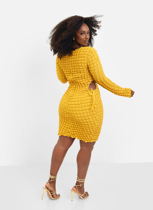 Scorpio Popcorn Smocking Cut Out Mini Bodycon Dress - Mustard