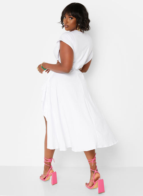 Selfie Ready Cut Out High Slit Midi Skater Dress - White