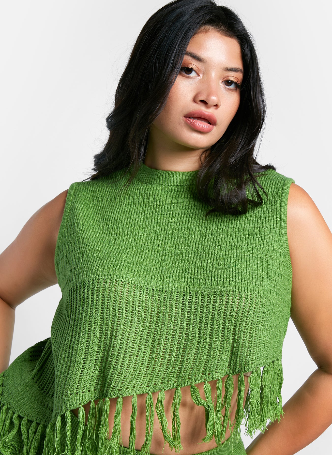 Shanti Crochet Tassel Hem Crop Top - Apple Green