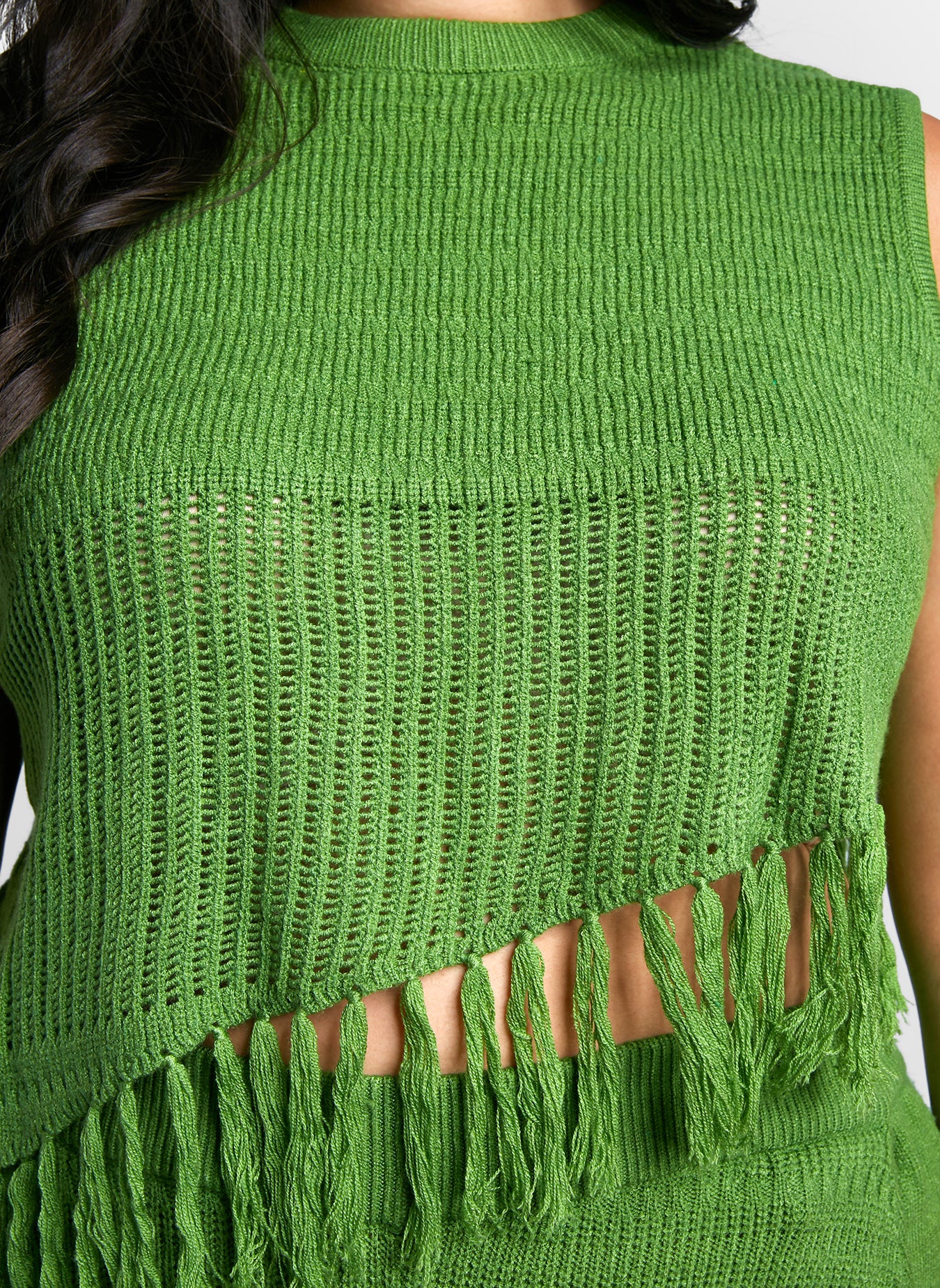 Shanti Crochet Tassel Hem Crop Top - Apple Green