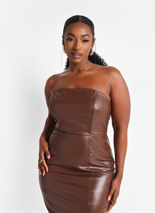 Shelby Faux Leather Midi Bodycon Dress - Chocolate