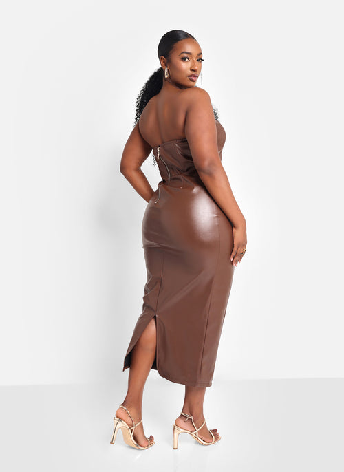 Shelby Faux Leather Midi Bodycon Dress - Chocolate