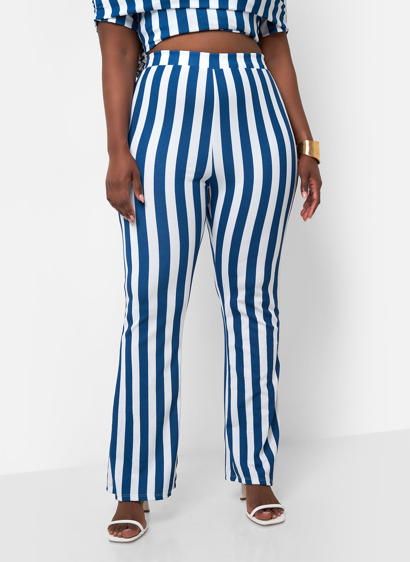 Shelly Stripe Bell Bottom Pants - White & Navy