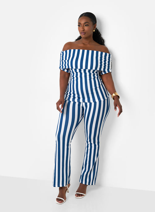 Shelly Stripe Bell Bottom Pants - White & Navy