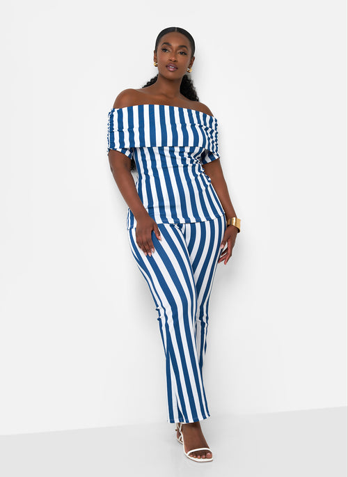 Shelly Stripe Bell Bottom Pants - White & Navy