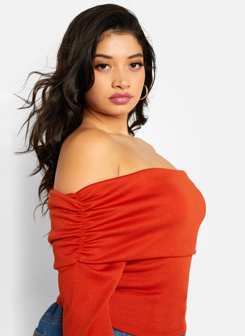 Shiloh Ribbed Overlay Full Length Top - Burnt Orange