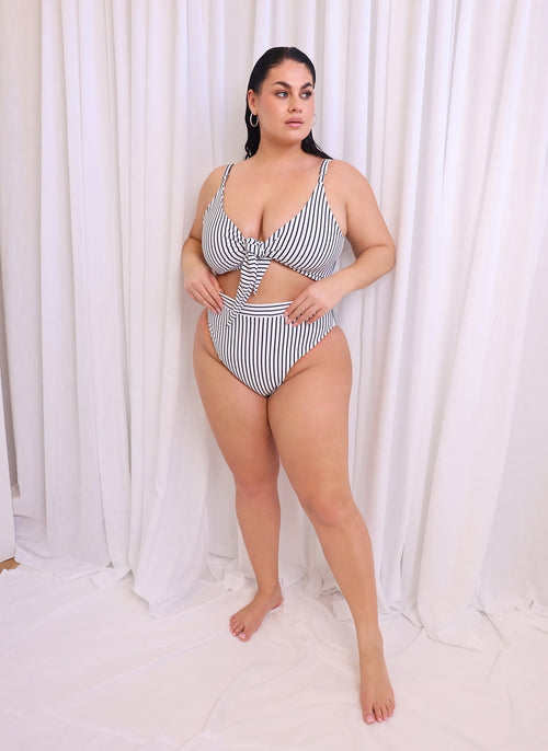 Sicily Stripe High Waist Swim Bottom - White & Navy