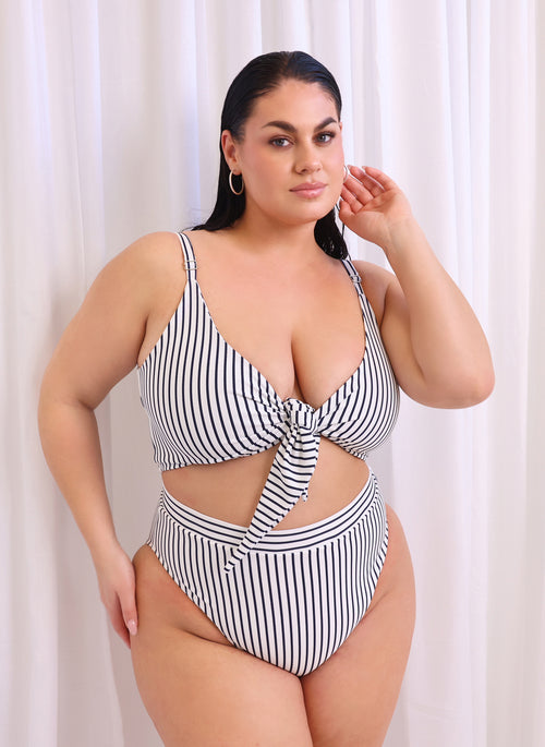 Sicily Stripe High Waist Swim Bottom - White & Navy