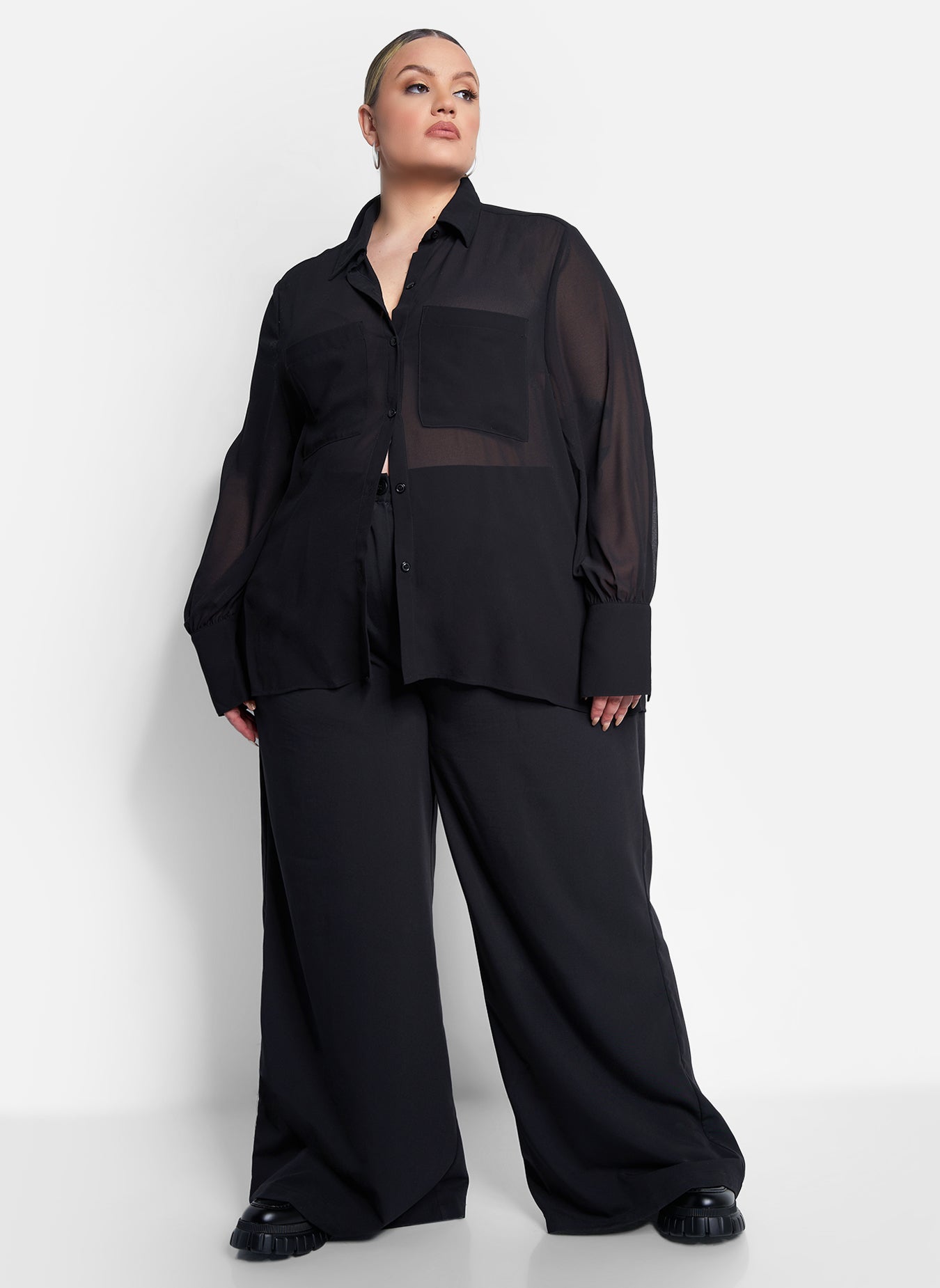 Sign Here Sheer Button Up Blouse - Black