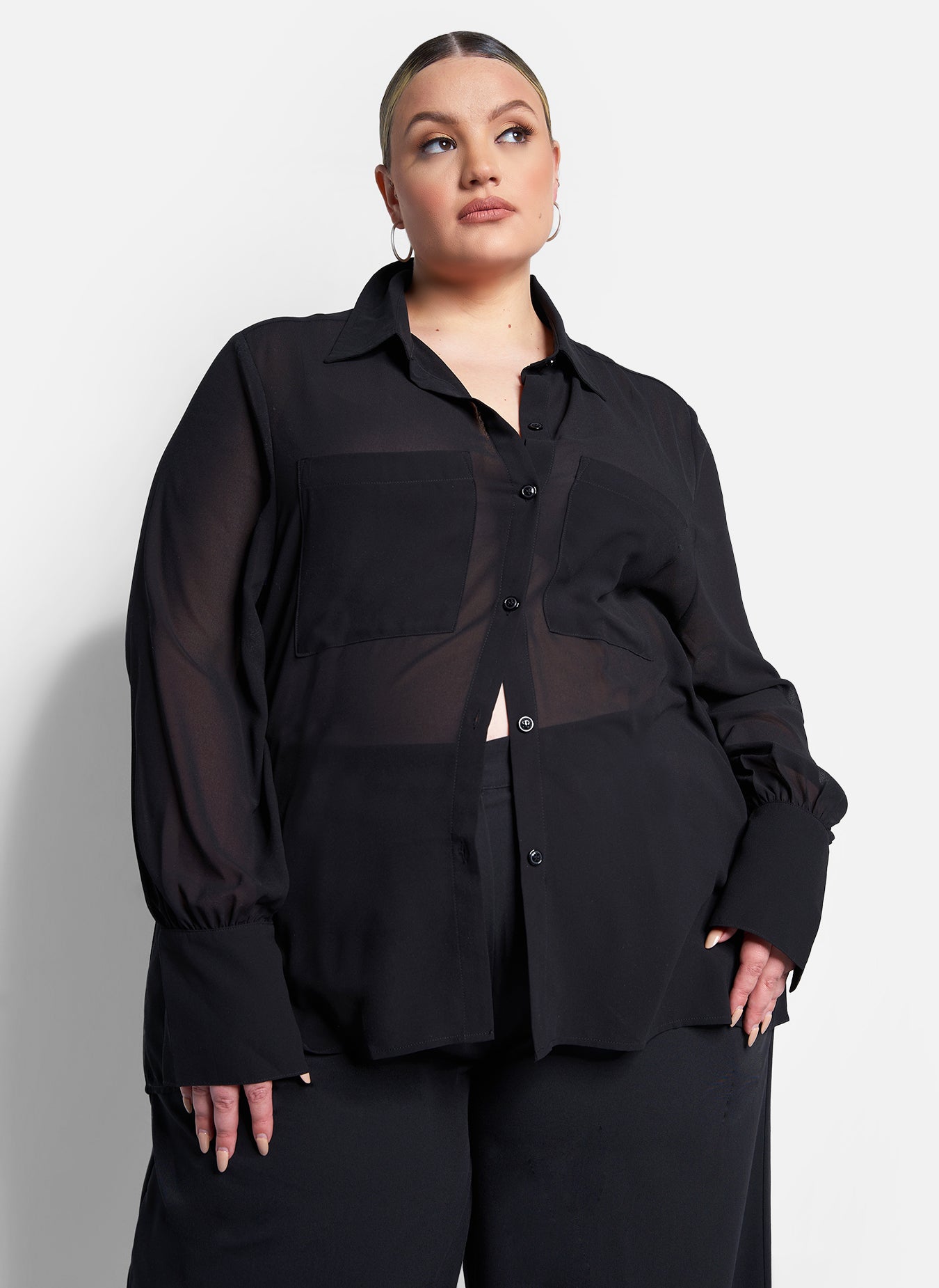 Sign Here Sheer Button Up Blouse - Black