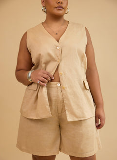 Siobhan Linen Button Vest - Beige