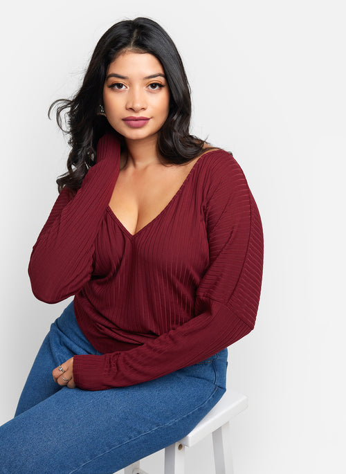 Sunday Ribbed Off Shoulder Full Length Top - Wine
