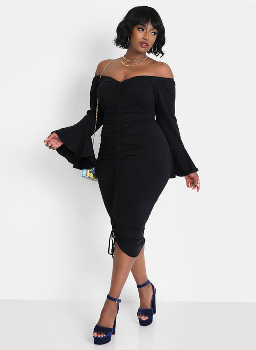Take Me Back Flutter Sleeve Ruched Bodycon Midi Dress