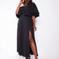 Taryn Ruffled Thigh Slit Maxi Skater Dress - Black