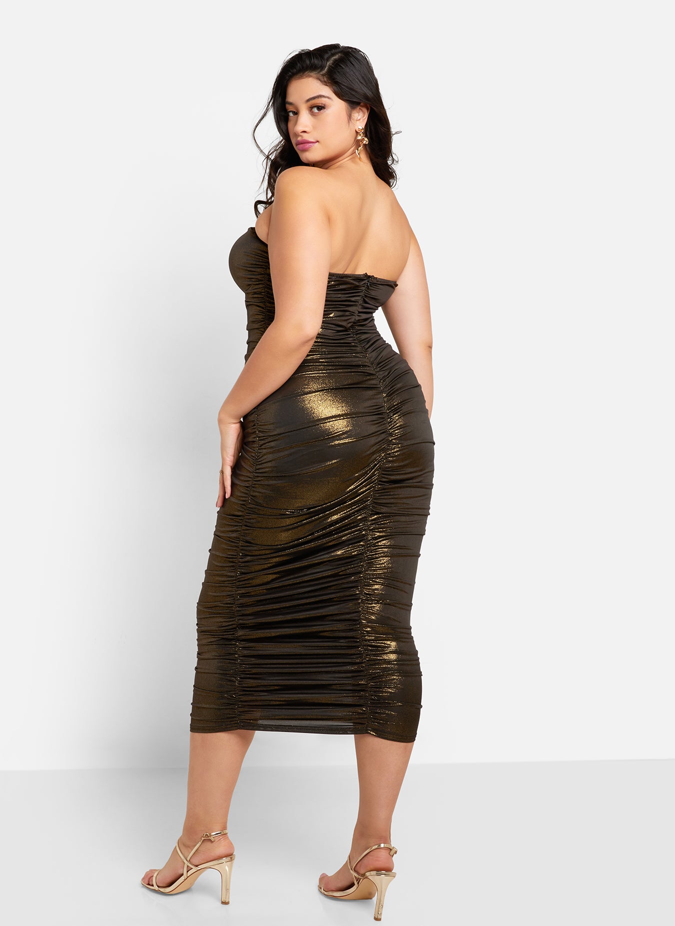 Taryn Sheer Ruched Midi Bodycon Dress - Gold Glitter
