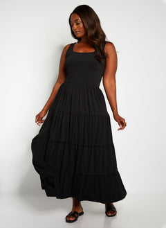 Unwind Tiered Maxi Skater Dress W. Turban - Black