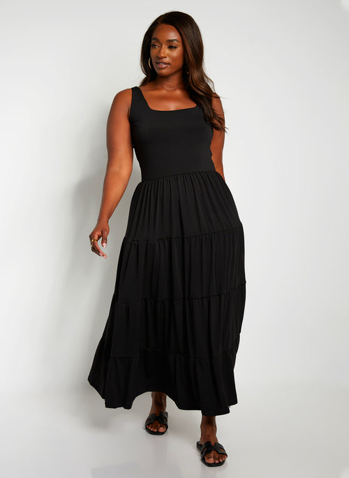 Unwind Tiered Maxi Skater Dress W. Turban - Black