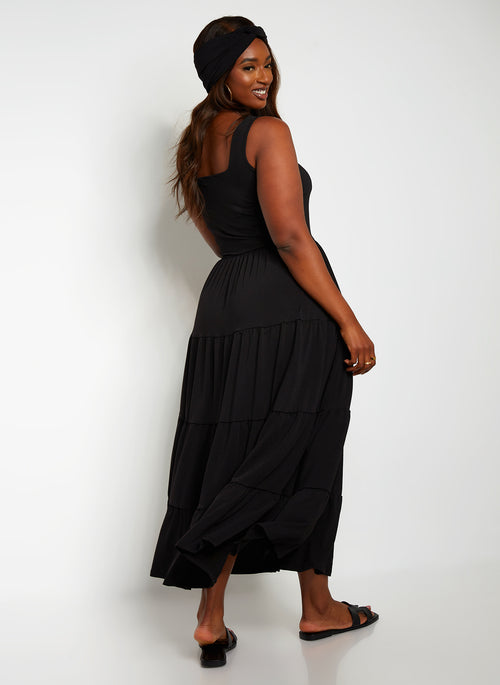 Unwind Tiered Maxi Skater Dress W. Turban - Black