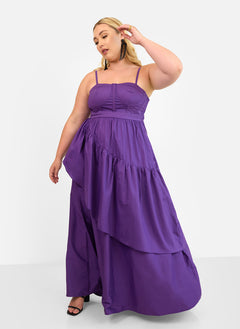 Violette Poplin Corset Ruffle Maxi A Line Dress - Plum