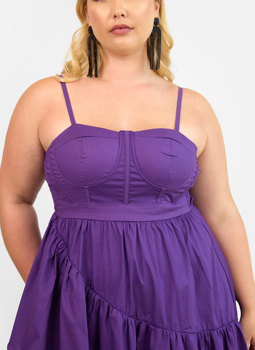 Violette Poplin Corset Ruffle Maxi A Line Dress - Plum