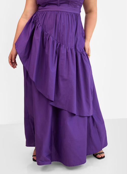 Violette Poplin Corset Ruffle Maxi A Line Dress - Plum