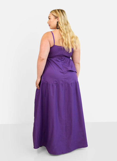 Violette Poplin Corset Ruffle Maxi A Line Dress - Plum