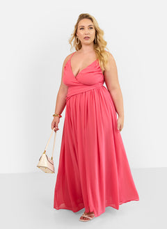 Vittoria Chiffon Drape Maxi A Line Dress - Coral Pink