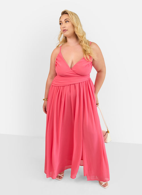 Vittoria Chiffon Drape Maxi A Line Dress - Coral Pink