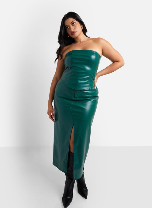 Wynona Vegan Leather Front Slit Maxi Bodycon Skirt - Pine Green