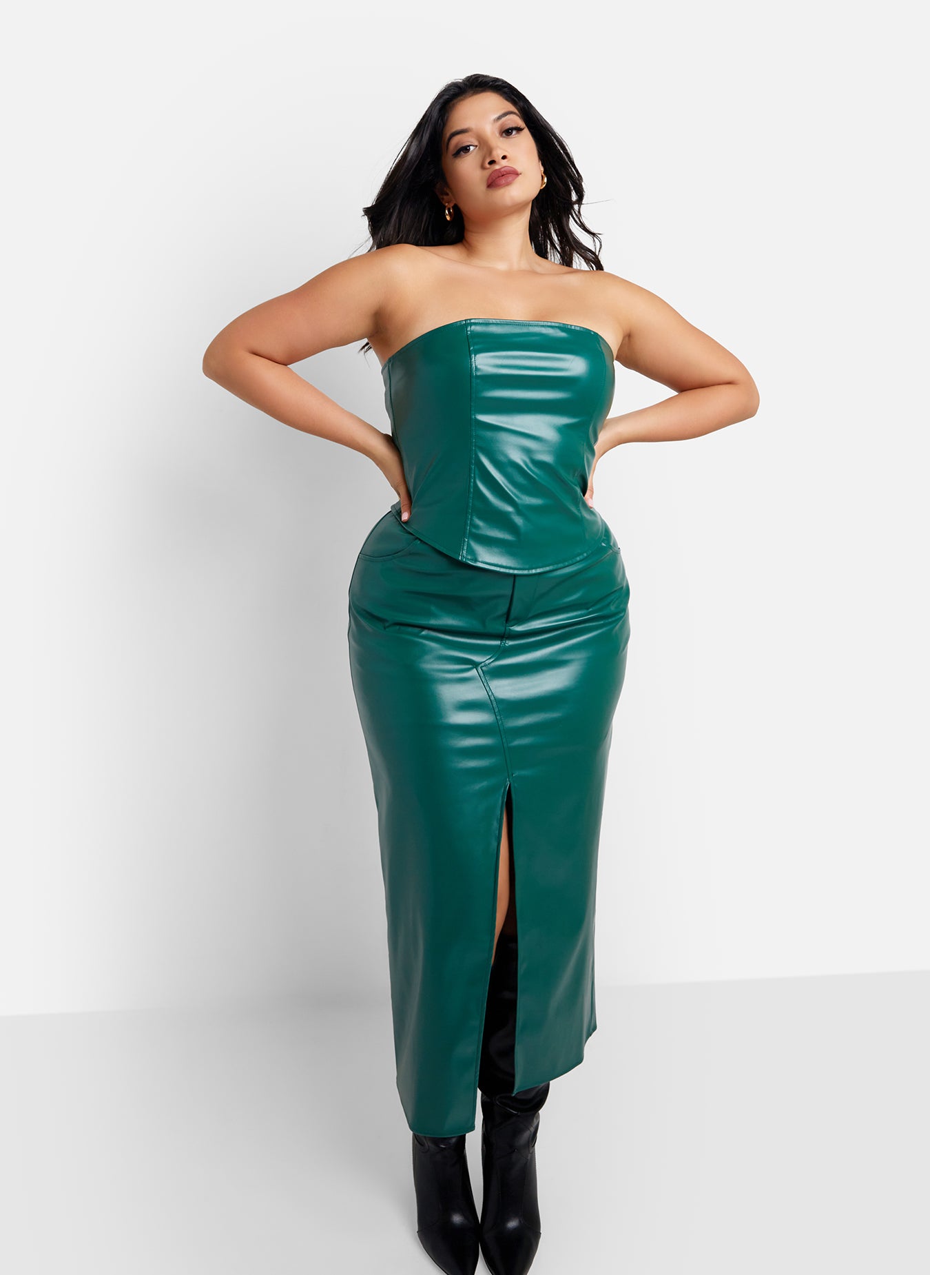 Wynona Vegan Leather Front Slit Maxi Bodycon Skirt - Pine Green