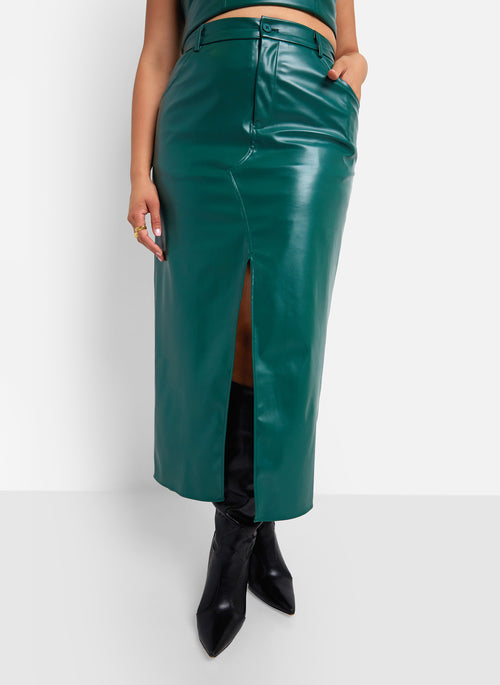 Wynona Vegan Leather Front Slit Maxi Bodycon Skirt - Pine Green