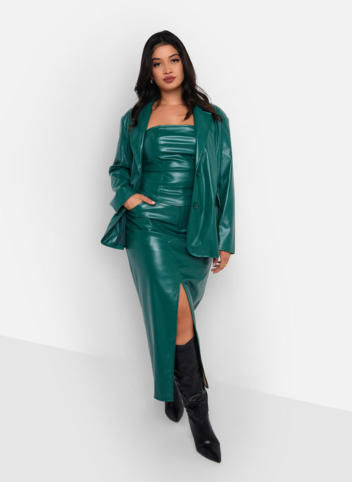 Wynona Vegan Leather Front Slit Maxi Bodycon Skirt - Pine Green