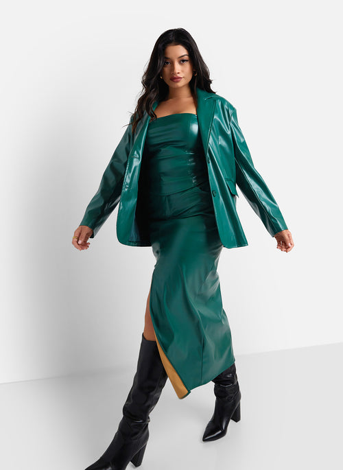 Wynona Vegan Leather Front Slit Maxi Bodycon Skirt - Pine Green