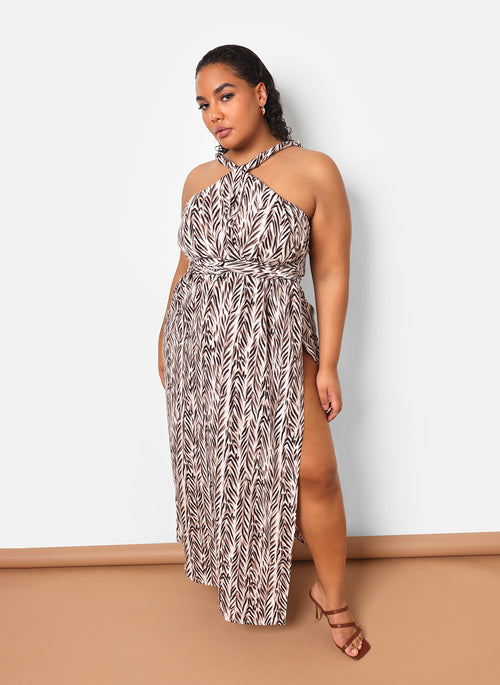 Yana Bamboo Print Halter Maxi Slip Dress